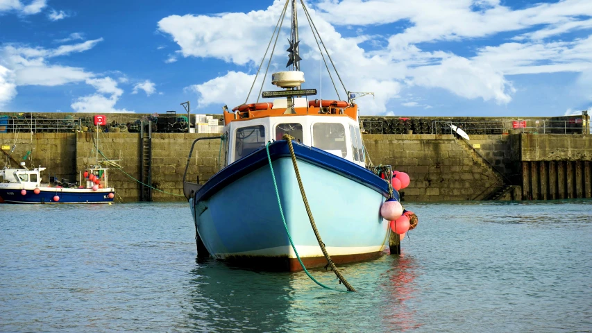 a boat that is sitting in the water, by Peter Churcher, pexels contest winner, maryport, coloured in teal and orange, beautiful daylight, thumbnail