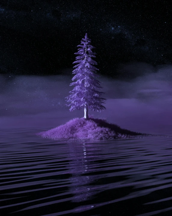 a purple tree sitting on top of a small island, in the night, dmt water, single pine, eerie shimmering surroundings