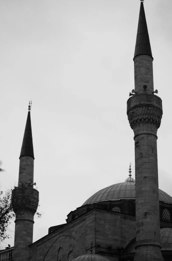 a black and white photo of a mosque, a black and white photo, inspired by Altoon Sultan, flickr, hurufiyya, 256x256, two towers, lead - covered spire, blue