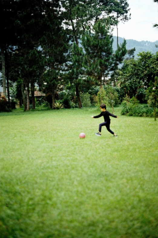 a person kicking a soccer ball in a field, by Daren Bader, colombia, fuji film, 5 years old, garden