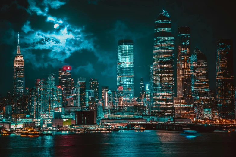 a city at night with a full moon in the sky, pexels contest winner, teal neon lights, hong kong buildings, album art, youtube thumbnail