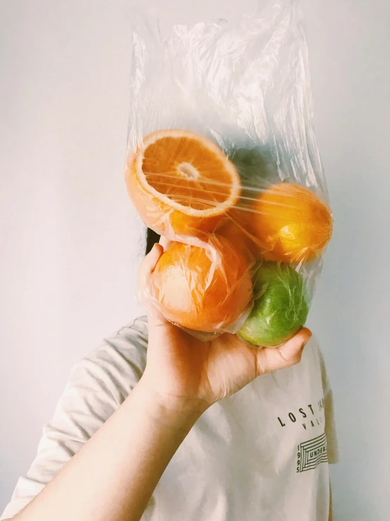 a person holding a bag full of oranges and limes, by Olivia Peguero, pexels contest winner, soft vinyl, 🚿🗝📝, made out of clear plastic, jisu choe