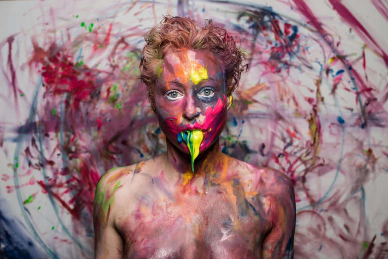 a man with paint all over his face, inspired by James Barry, pexels contest winner, action painting, fleshy creature above her mouth, lgbt art, colored album art, beth cavener