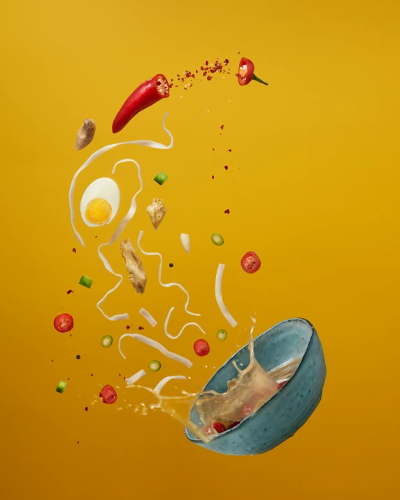 a bowl with food flying out of it, poster art, inspired by Tan Ting-pho, pexels contest winner, behance lemanoosh, deconstructed, an egg, spicy