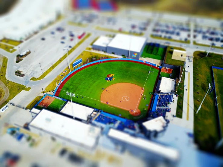 a view of a baseball field from above, a tilt shift photo, by Daniel Schultz, photorealism, ilustration, 24mm tilt-shift, brilliantly colored, noelle stevenson