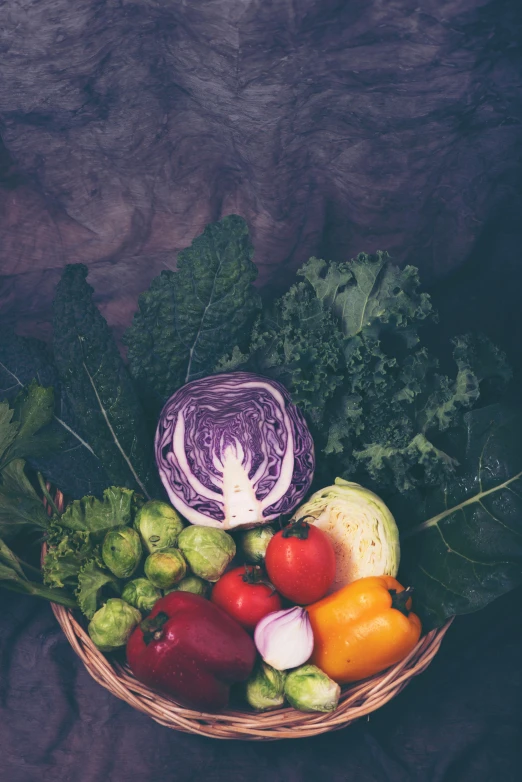 a basket filled with different types of vegetables, a still life, pexels contest winner, renaissance, alien colorful greenery, vintage glow, lettuce, intricate! organic