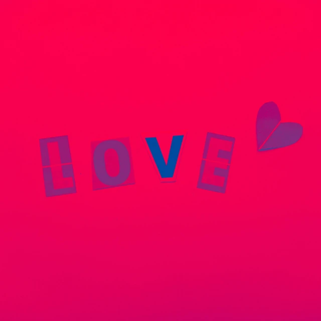 the word love is cut out of paper, an album cover, inspired by Zsolt Bodoni, fuchsia and blue, avatar image, ( ( dither ) ), dating app icon