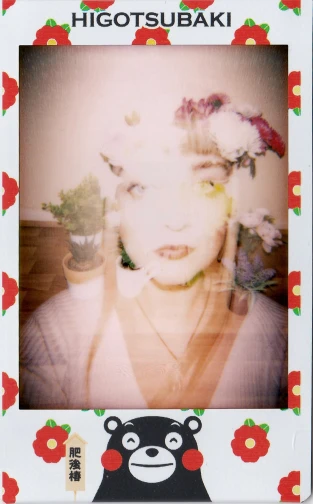 a polaroid picture of a woman with flowers in her hair, kitsch movement, whitebangs, intoxicatingly blurry, with red haze, polaroid clear