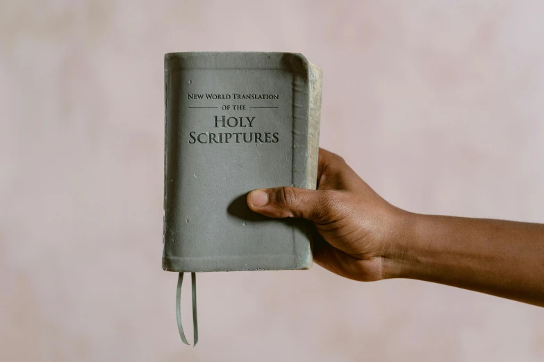 a person holding a book in their hand, an album cover, trending on unsplash, hurufiyya, bible, gray, sculptured, translucent