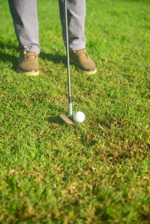 a man standing on top of a lush green field next to a golf ball, spoon placed, split near the left, smooth shank, evenly lit