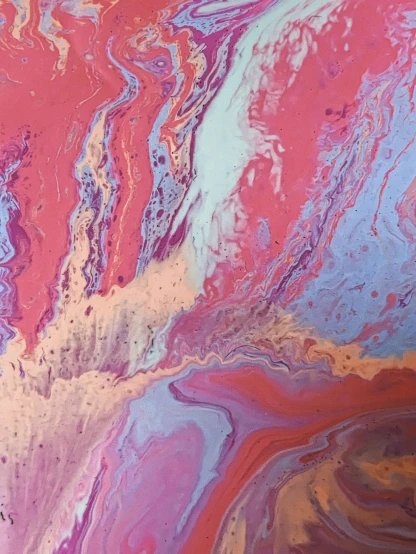 a close up of a painting on a wall, inspired by Frederic Church, trending on unsplash, acrylic pouring, pink hues, wet clay, album cover
