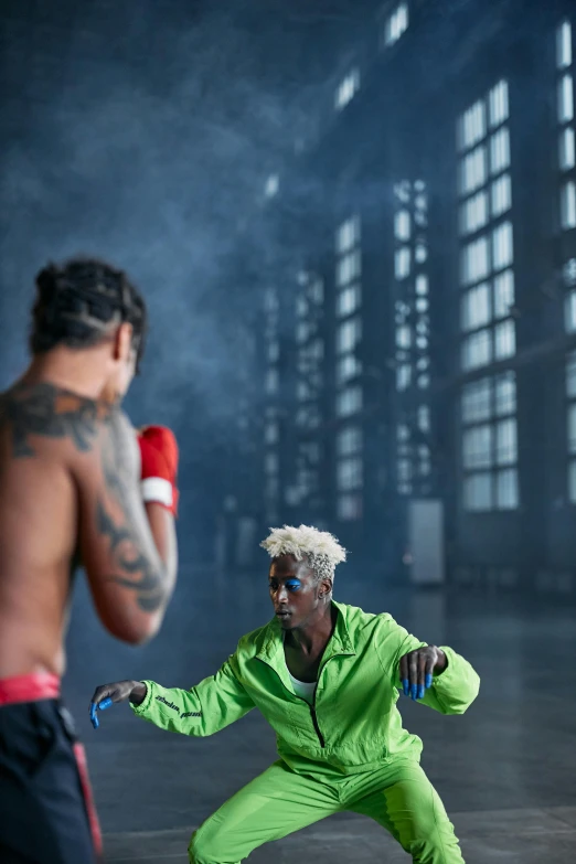 a man standing next to a woman in a green suit, pexels contest winner, visual art, wearing vibrant boxing gloves, blue mohawk, working out, playboi carti