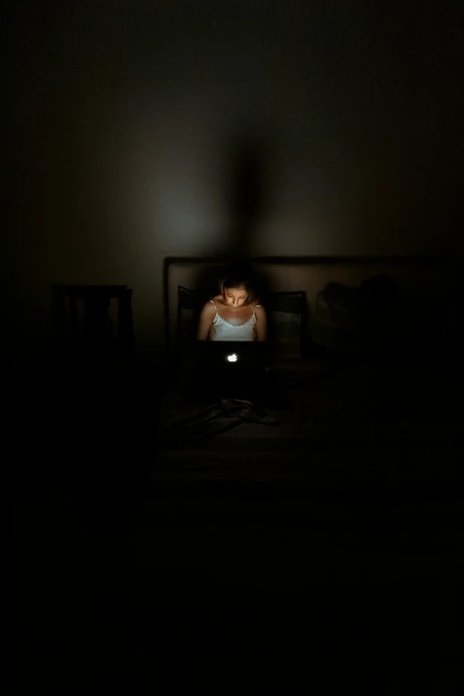 a woman sitting on a bed using a laptop computer, a picture, inspired by Elsa Bleda, dark eerie photo, david kassan, her face is in shadow, summer night