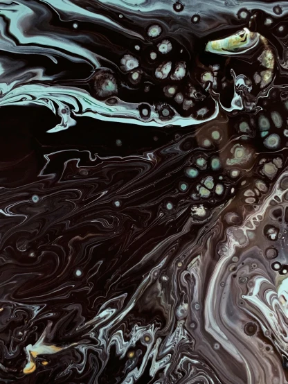 a close up of a body of water with bubbles, an abstract painting, trending on unsplash, dark chocolate painting, made of liquid metal and marble, ilustration, swirly