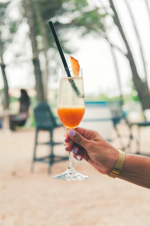 a person holding a glass of orange juice, by Romain brook, pexels contest winner, renaissance, beach bar, champagne commercial, instagram post, zoomed in