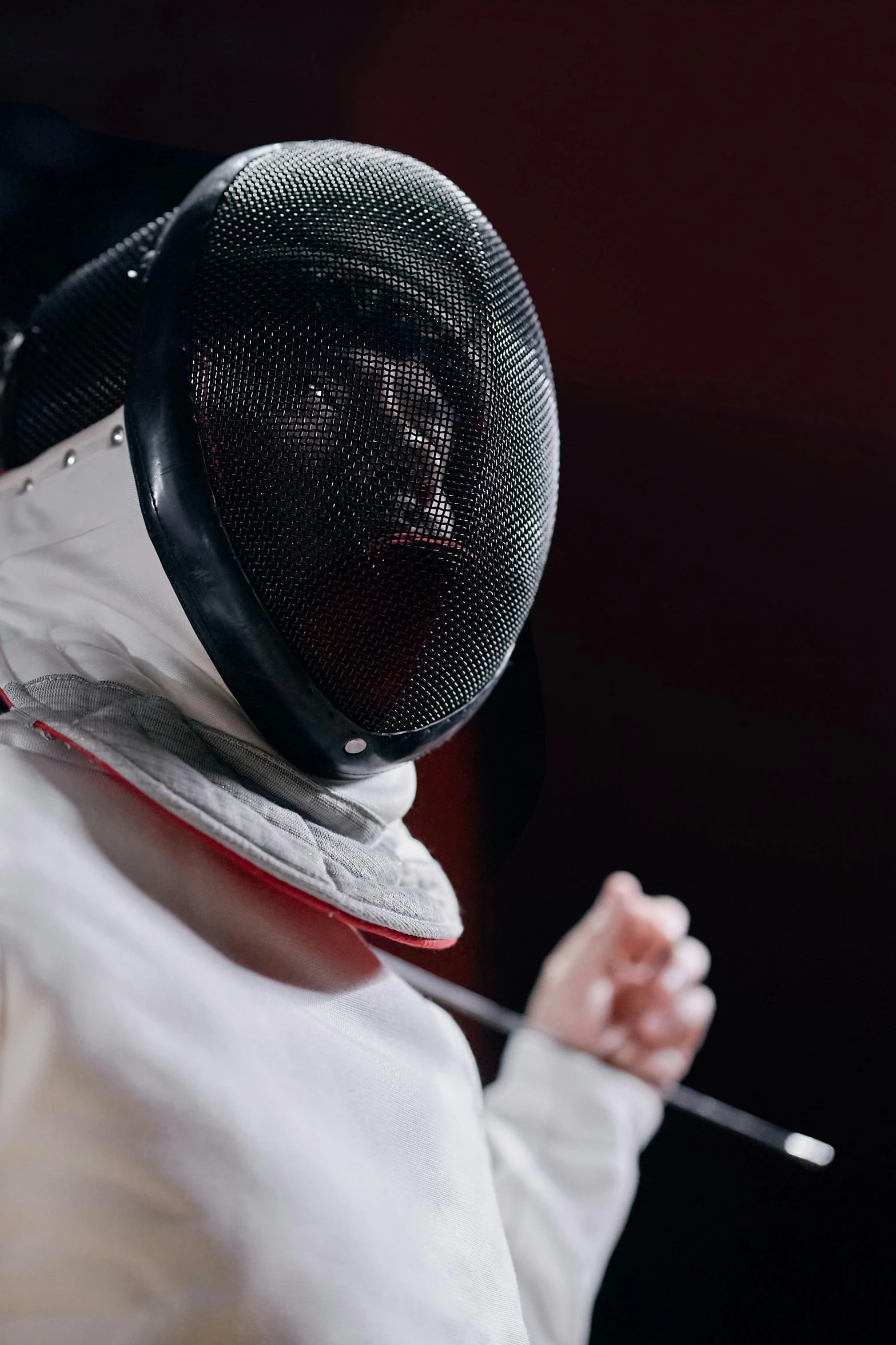 a close up of a person wearing a fencing mask, by Bernard Meninsky, happening, **cinematic, olympics footage, instagram picture, banner