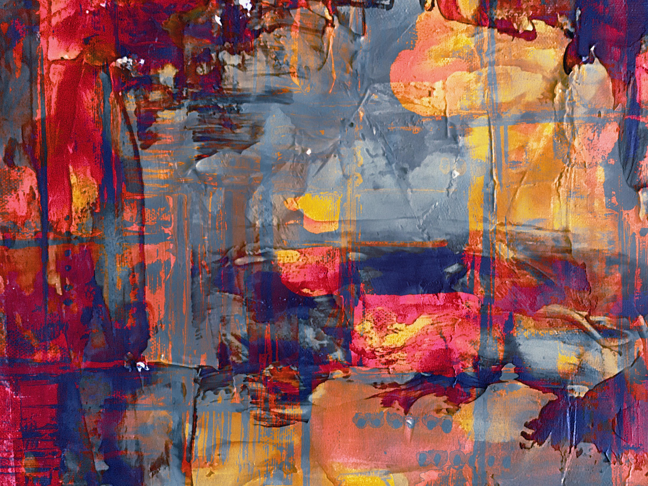 a painting with lots of different colors on it, inspired by Richter, pixabay, abstract expressionism, prussian blue and venetian red, square, art digital art, evening sunlight