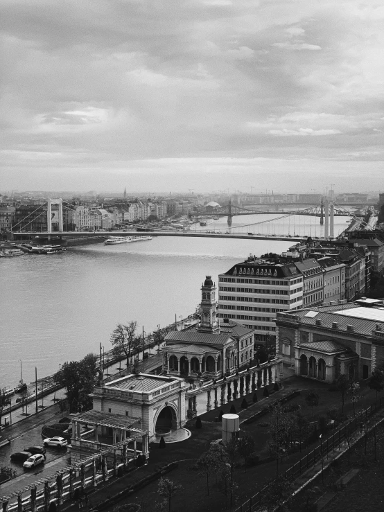 a black and white photo of a city, by January Suchodolski, budapest, olga buzova, by joseph binder, high angle view