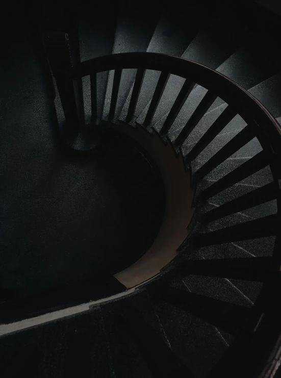 a black and white photo of a spiral staircase, by Adam Rex, pexels contest winner, dark muted colors, taken on iphone 14 pro, mysterious creepy, isometric staircase