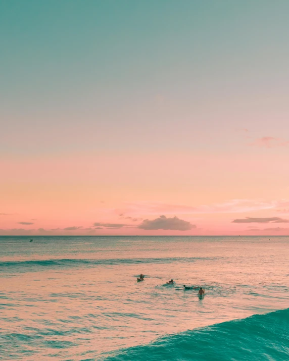 a group of people riding surfboards on top of a wave, pexels contest winner, minimalism, pink sunset, standing on a beach in boracay, sharks surfacing from the lake, ((sunset))