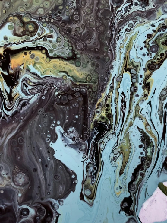 a close up of a painting of a body of water, an ultrafine detailed painting, reddit, abstract art, acrylic pour and splashing paint, dark chocolate painting, ((greenish blue tones)), iridescent soapy bubbles