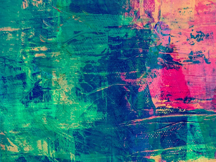 a close up of a painting on a wall, inspired by Richter, trending on unsplash, abstract art, green magenta and gold, digital glitches, blue and green and red tones, 8 k artistic lithography