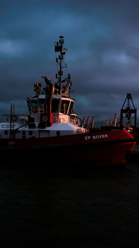 a red and white boat sitting on top of a body of water, a portrait, by Steve Brodner, pexels, happening, stormy weather at night, industrial photography, square, profile view