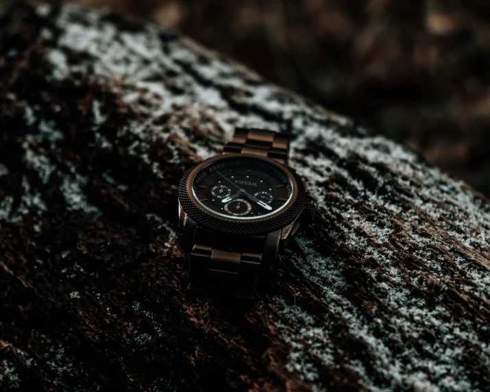 a wooden watch sitting on top of a tree, by Adam Marczyński, pexels contest winner, dark matte metal, fossil, background image, lush surroundings