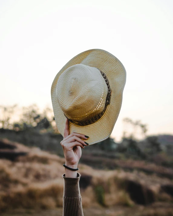 a person holding up a hat in the air, pexels contest winner, 🤠 using a 🖥, nature outside, background image, straw