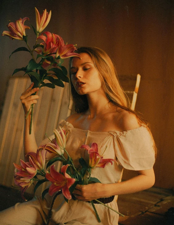 a woman sitting on a chair holding a bunch of flowers, an album cover, inspired by Elsa Bleda, unsplash, renaissance, lilies, alexey egorov, low quality photo, warm glow