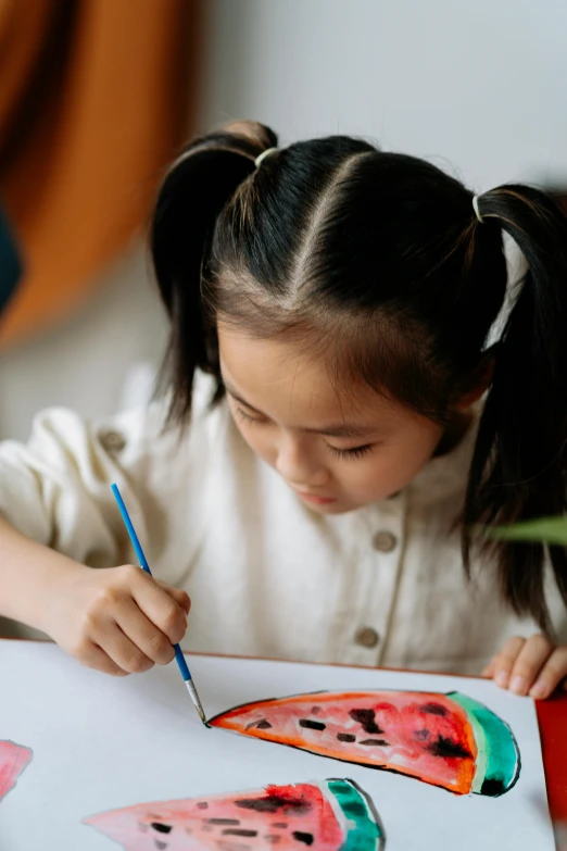 a little girl is drawing a piece of watermelon, pexels contest winner, process art, traditional chinese painting, black haired girl wearing hoodie, school curriculum expert, multicoloured