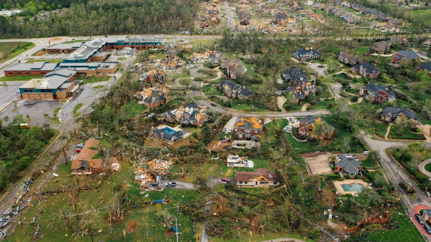 an aerial view of a neighborhood in the aftermath of a tornado, a portrait, image, tn, fan favorite, ad image