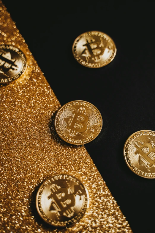 gold bitcoins on a black background, by Julia Pishtar, trending on unsplash, renaissance, sequins, gradient white to gold, unsplash contest winning photo, thumbnail