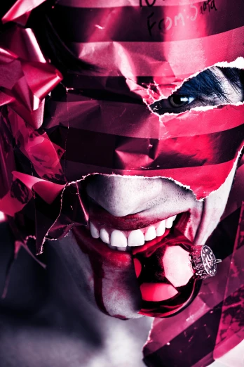 a close up of a person with a mask on, an album cover, shutterstock contest winner, transgressive art, red and purple, [ shards, crazy seductive smile, tokyo ghoul