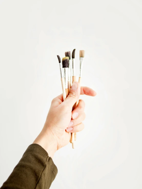 a person holding a bunch of brushes in their hand, inspired by artist, unsplash, on a white background, muted browns, black paint, jen atkin