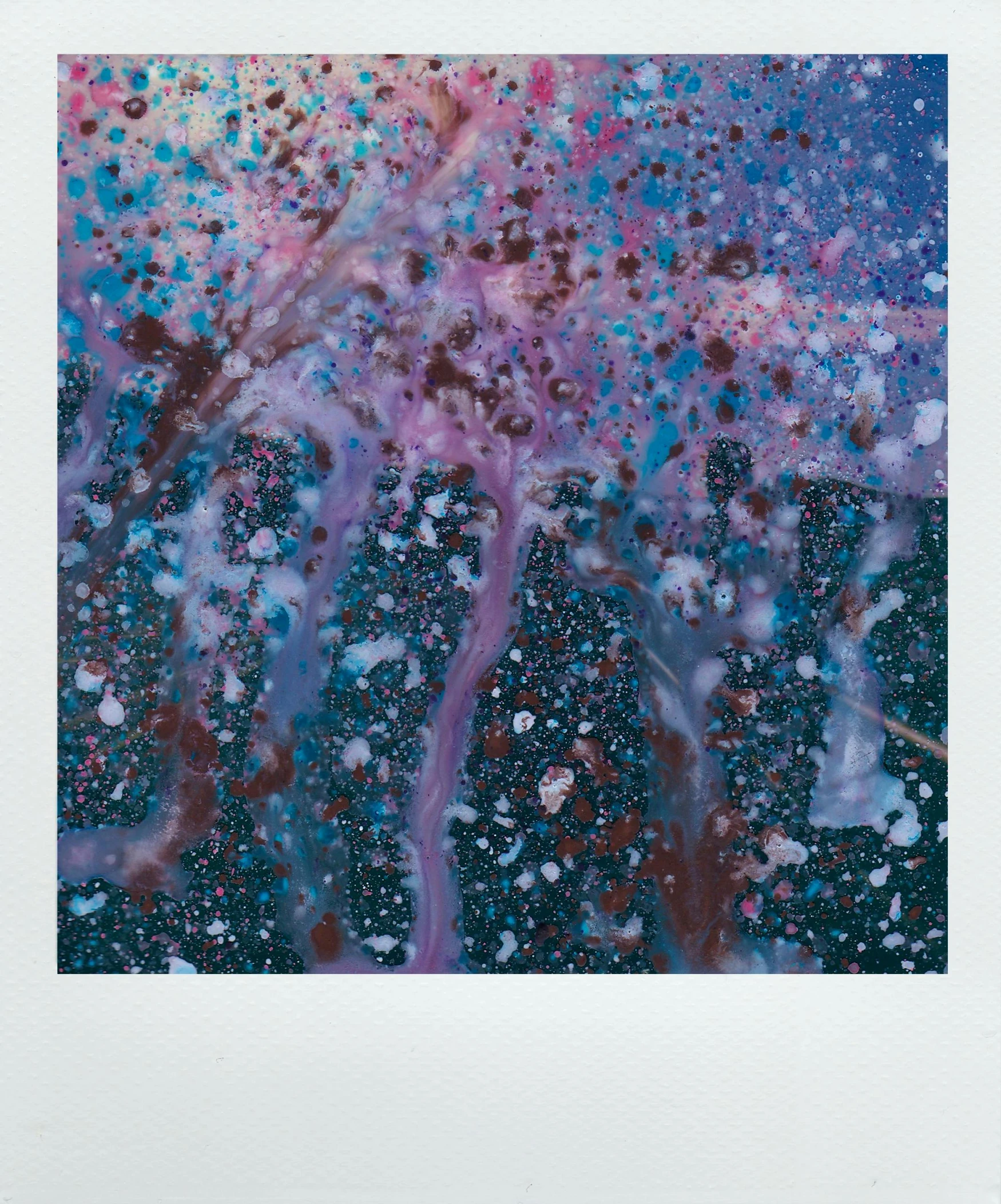 a painting with purple and blue paint on it, a polaroid photo, inspired by Shōzō Shimamoto, falling stars, medium format, vivid)