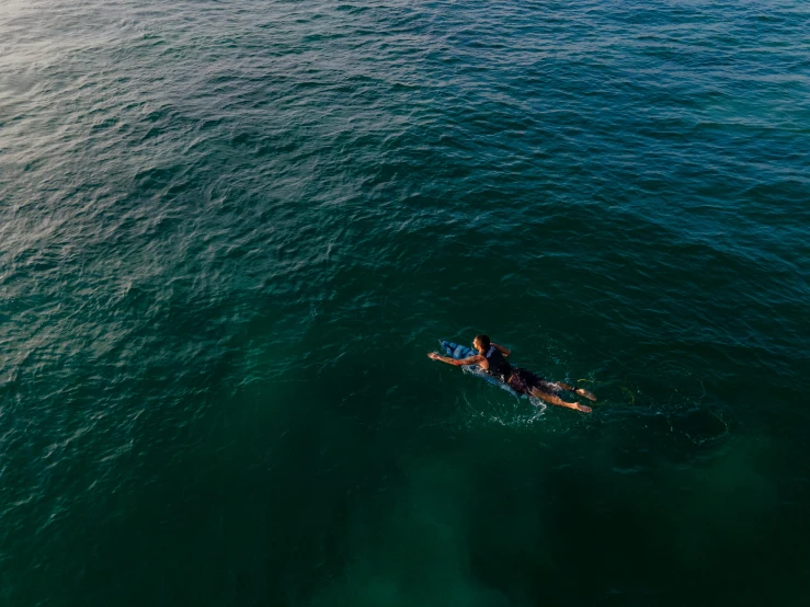 a person laying on a surfboard in the ocean, by Niko Henrichon, unsplash contest winner, aerial, profile image, late evening, swimming