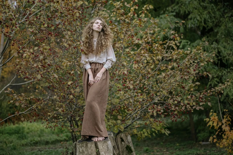 a woman standing on top of a tree stump, a portrait, inspired by Arthur Hughes, trending on pixabay, renaissance, brown curly hair, long skirt, fashion portrait photo, autum