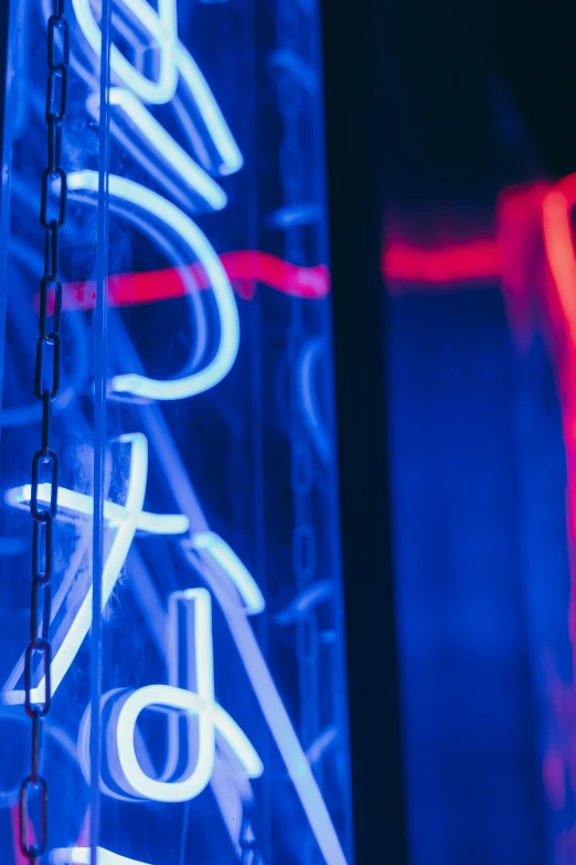 a neon sign hanging from the side of a building, by Matt Cavotta, trending on unsplash, glowing blue interior components, dynamic closeup, reflecting light in a nightclub, glowing - thin - wires