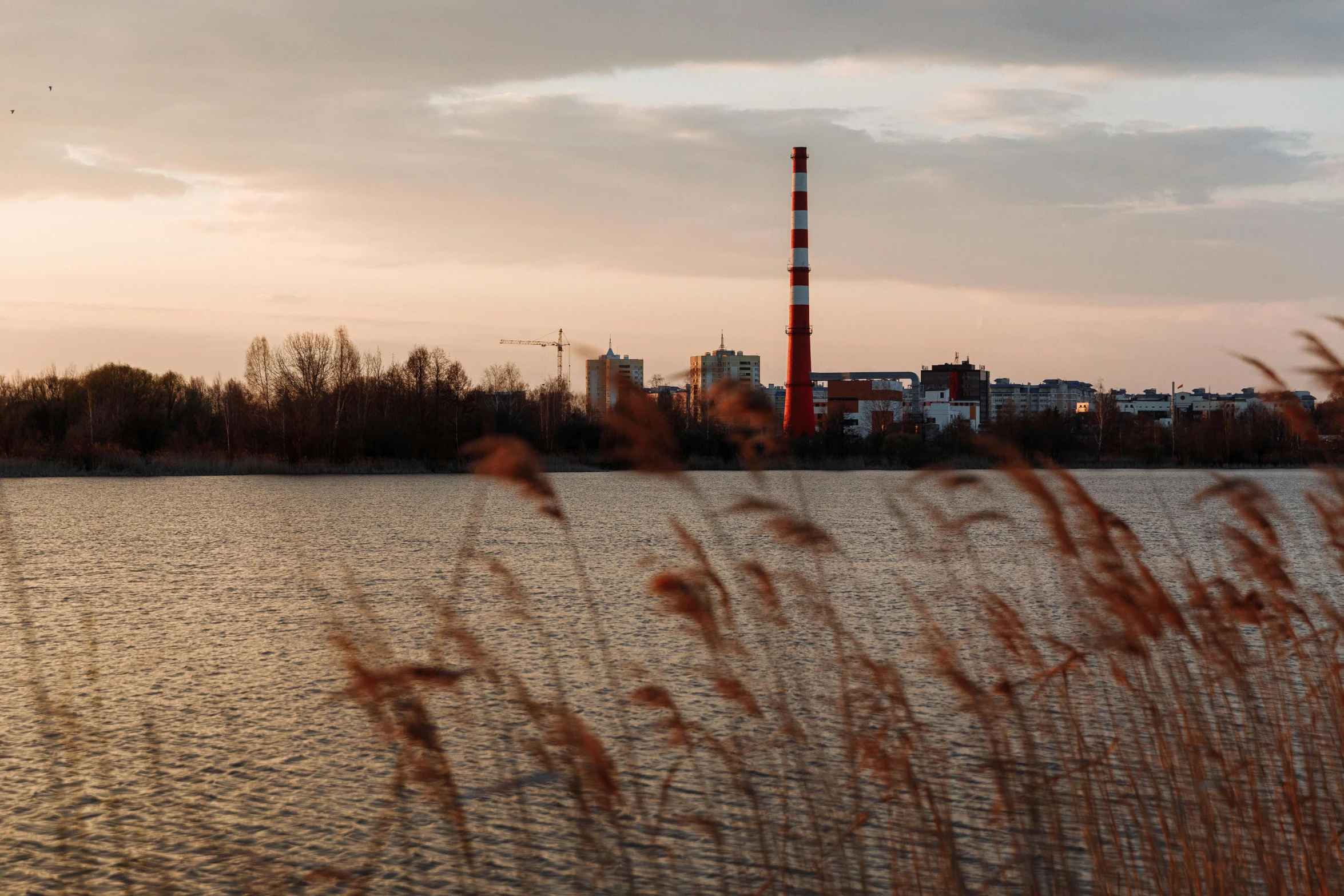 a large body of water surrounded by tall grass, by Thomas Häfner, pexels contest winner, environmental art, industrial colours, warsaw, chimneys, red hues