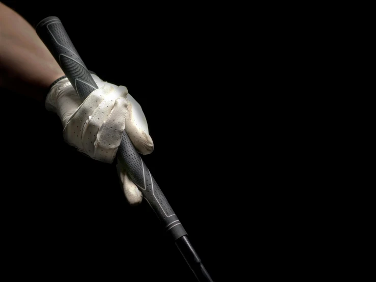 a close up of a person holding a baseball bat, a digital rendering, inspired by Shirley Teed, pexels, white satin gloves, dramatic product lighting, golf digest, black and silver