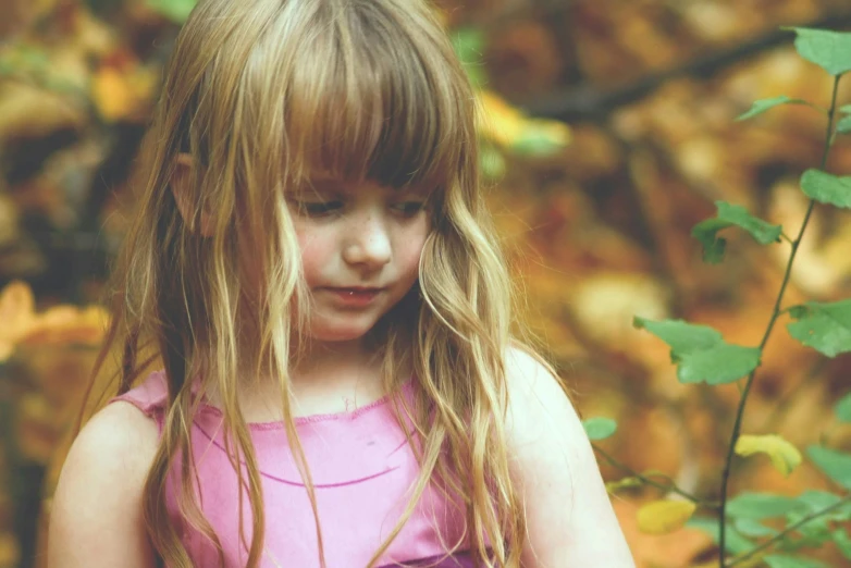 a little girl in a pink dress standing in the woods, pexels, orange and brown leaves for hair, thumbnail, thoughtful ), blonde