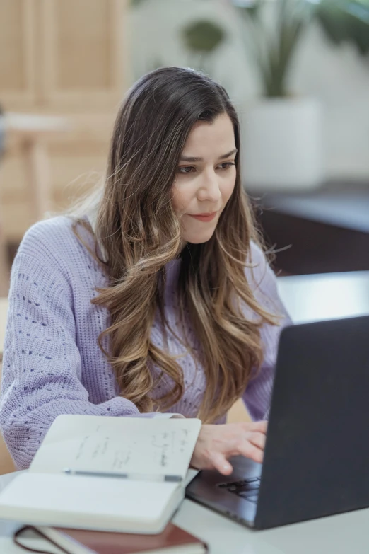 a woman sitting at a table using a laptop computer, trending on pexels, renaissance, young woman with long dark hair, young man in a purple hoodie, wearing business casual dress, student