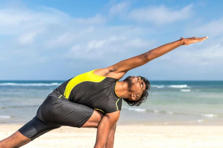 a man doing a yoga pose on the beach, pexels contest winner, sydney park, avatar image, sri lanka, profile image