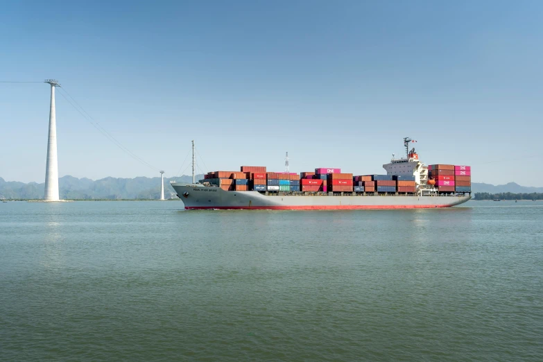 a large cargo ship in the middle of a large body of water, pexels contest winner, figuration libre, chilean, portrait image, panorama, high quality product image”