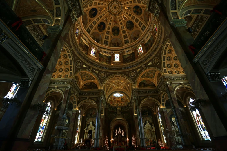 the interior of a church with stained glass windows, a portrait, by Cagnaccio di San Pietro, unsplash contest winner, baroque, with great domes and arches, 2 5 6 x 2 5 6 pixels, dark and intricate, beautiful gold saint