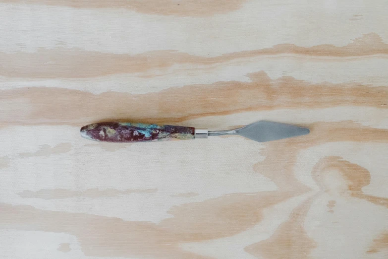 a knife sitting on top of a wooden table, a pastel, inspired by Fred Williams, art nouveau, spatula, large, raspberry, abalone