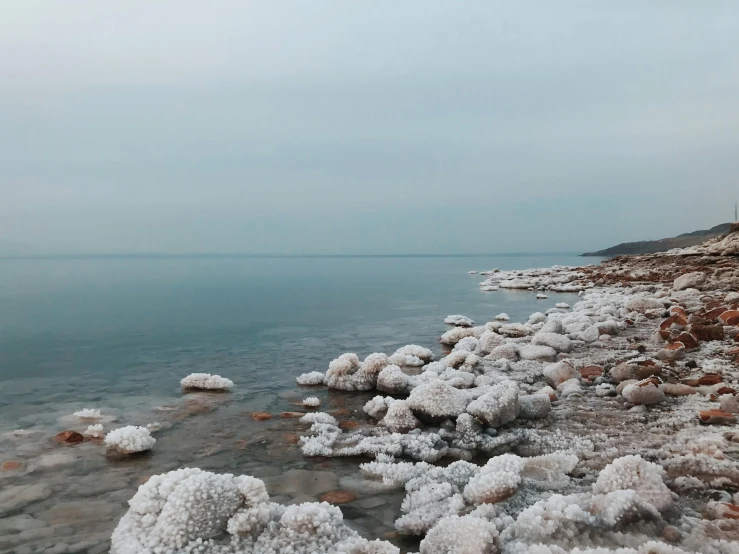 a beach covered in ice next to a body of water, trending on unsplash, the dead sea, coral-like pebbles, low quality footage, 2 0 2 2 photo