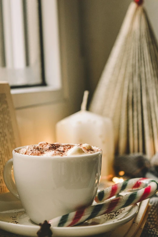 a cup of coffee sitting on top of a saucer, in front of a fireplace, candy canes, profile image, ivory and copper