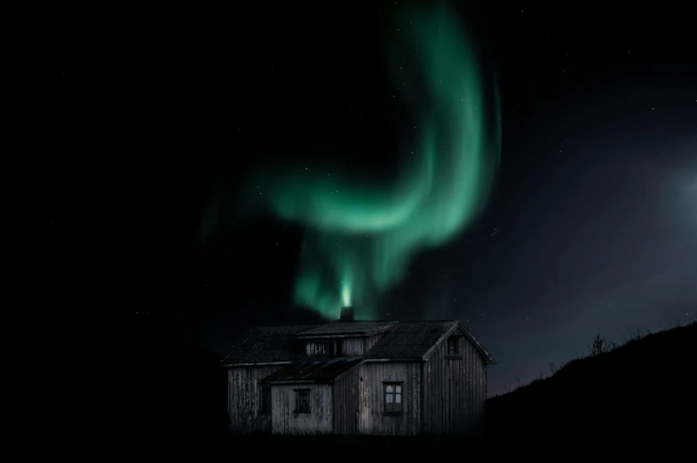 a house sitting on top of a hill under a full moon, by Roar Kjernstad, pexels contest winner, digital art, northern lights in space, diffuse lightpainting, old house, 5 0 0 px